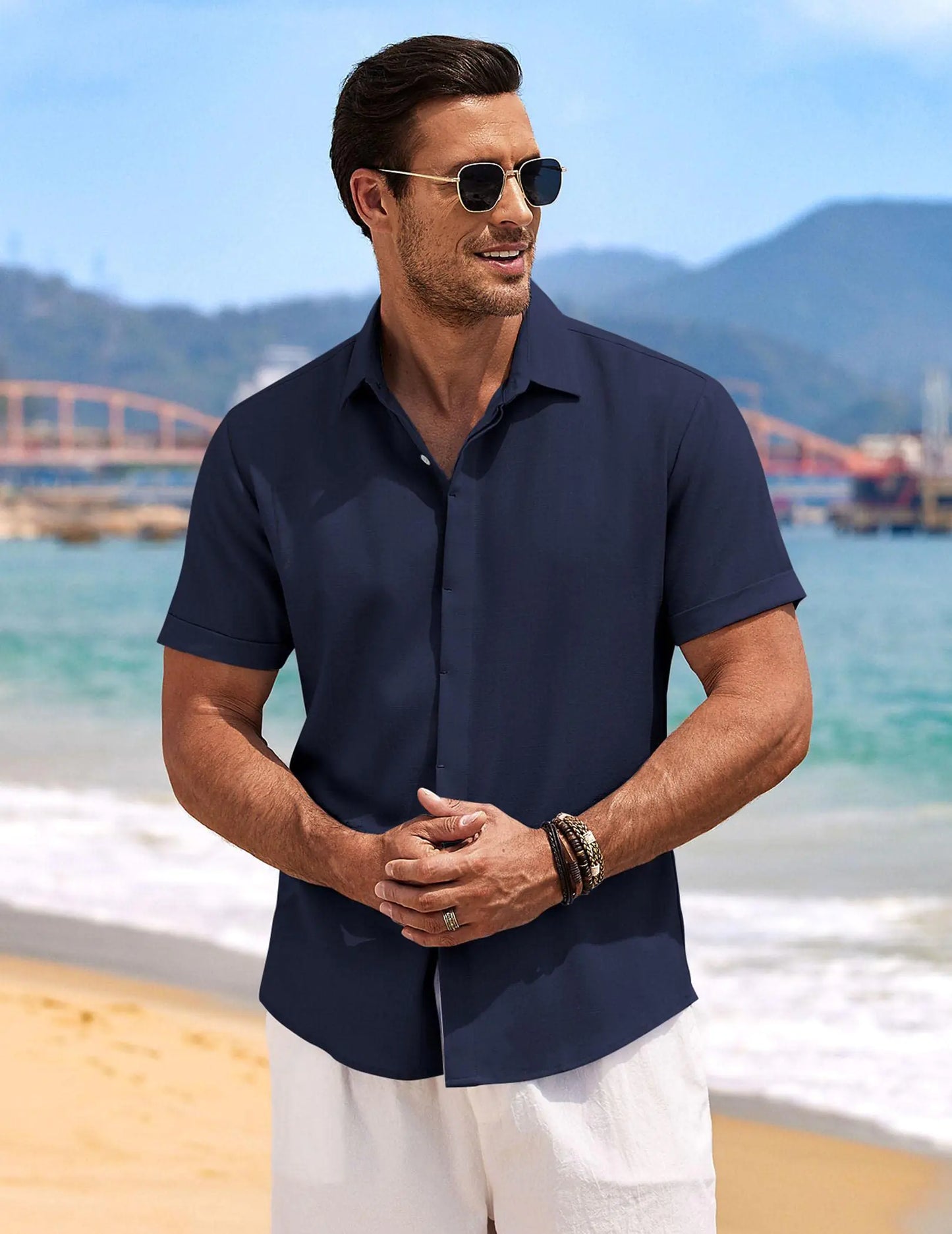 COOFANDY Men's Linen Shirts Short Sleeve Casual Shirts Button Down Shirt for Men Beach Summer Wedding Shirt Small Navy Blue